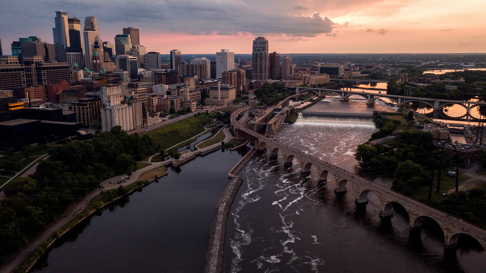 Aerial view of Minneapolis and the surrounding landscape.