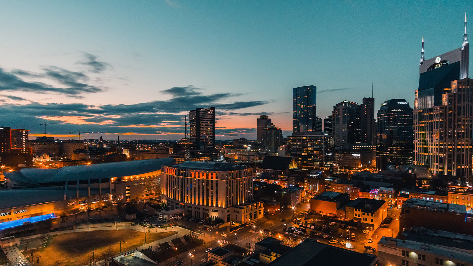 Nashville skyline at sunset.
