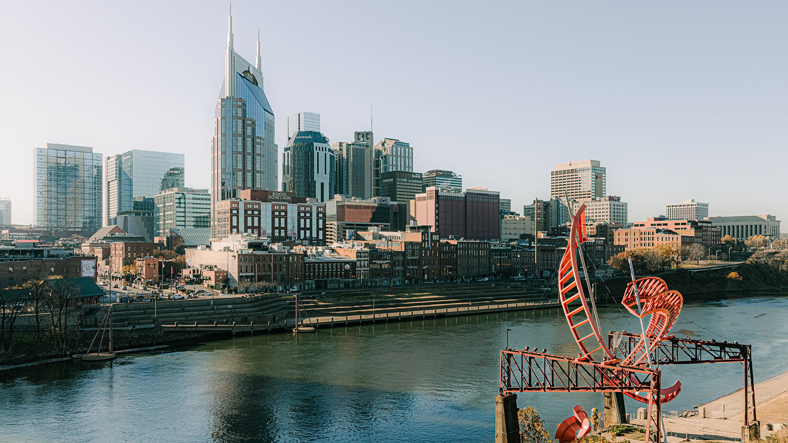 Nashville skyline with the Cumberland River in the foreground.