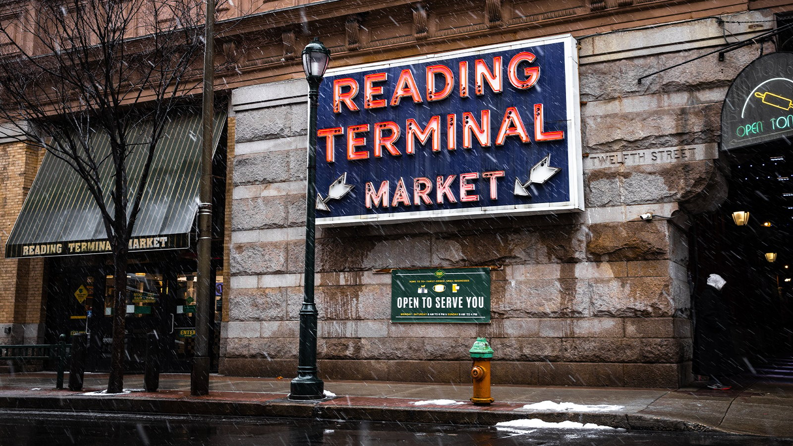 A neon sign for Reading Terminal Market in Philadelphia.