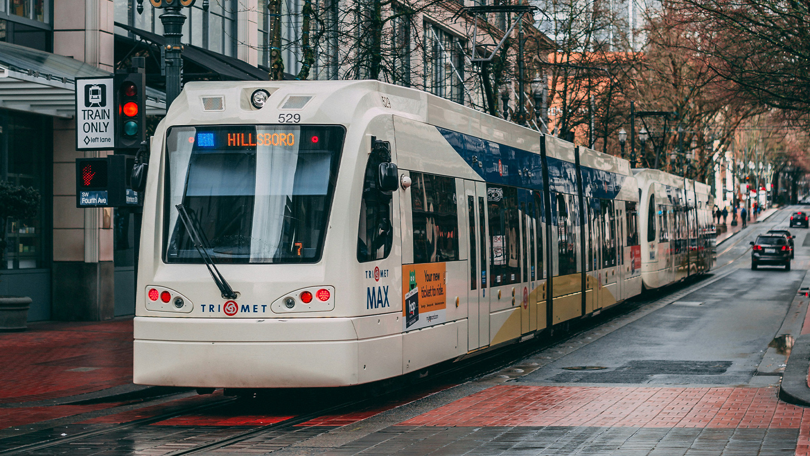 TriMet rail going through downtown Portland