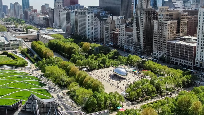 An aerial view of Millenium Park in Chicago