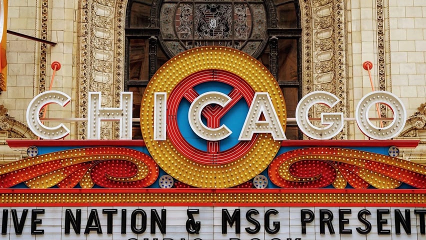 A closeup of the Chicago Theater sign