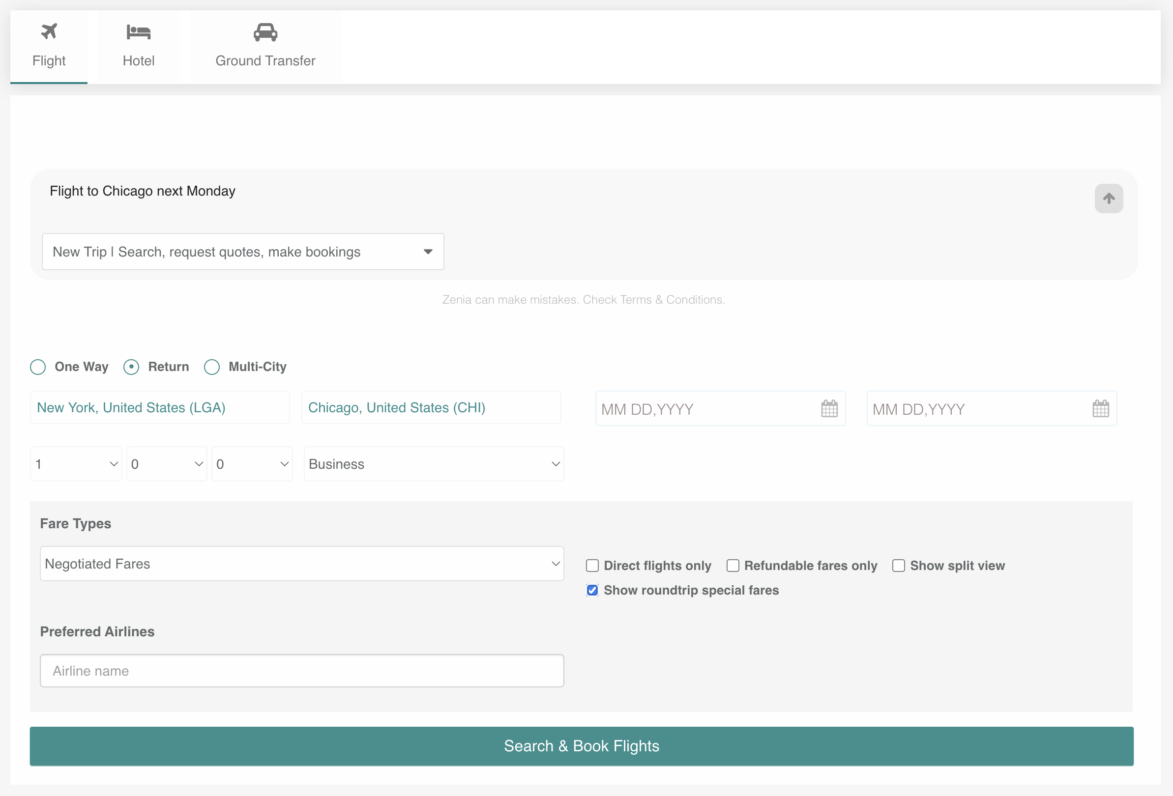 Screenshot of a flight booking form with a Zenia AI search bar reading 'Flight to Chicago next Monday,' plus fields for route, dates, travelers, and fare type.