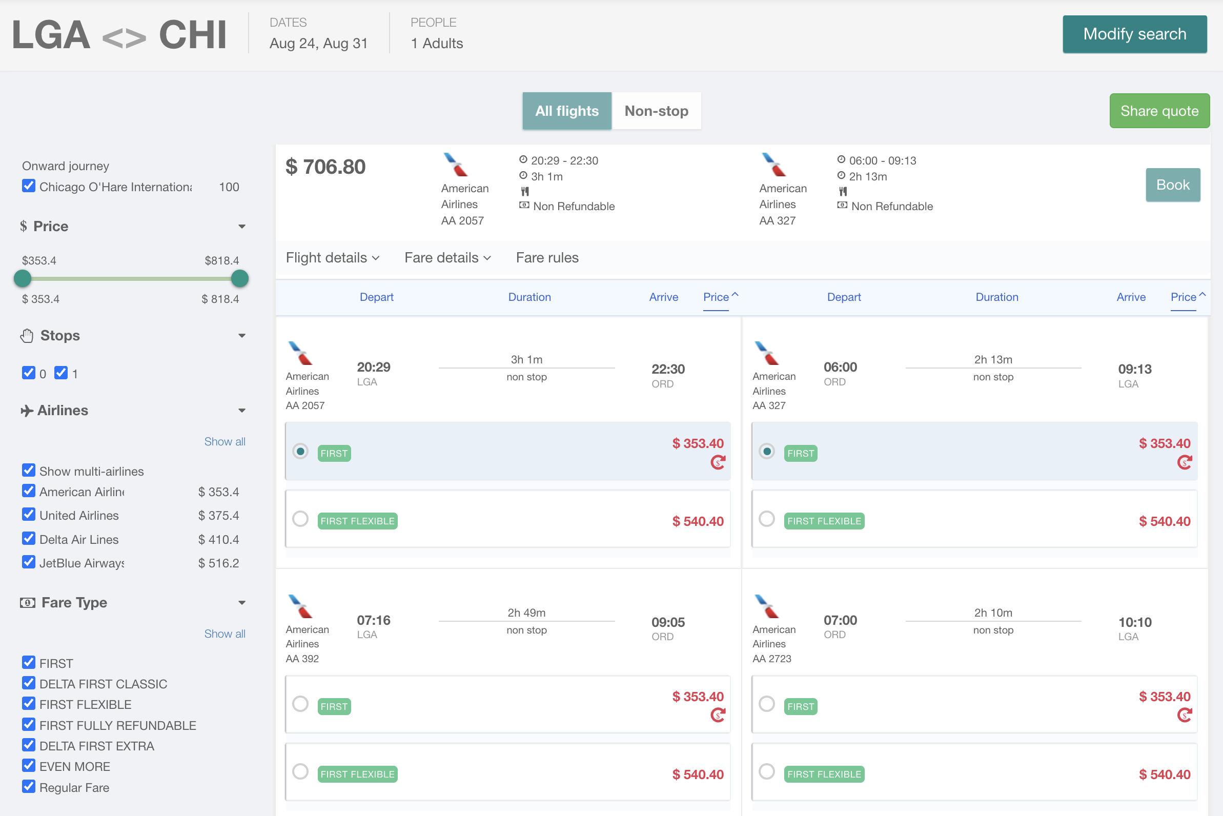 Screenshot of flight search results from LGA to CHI showing American Airlines first-class fares starting at $353.40 with filters for price, stops, and airlines.
