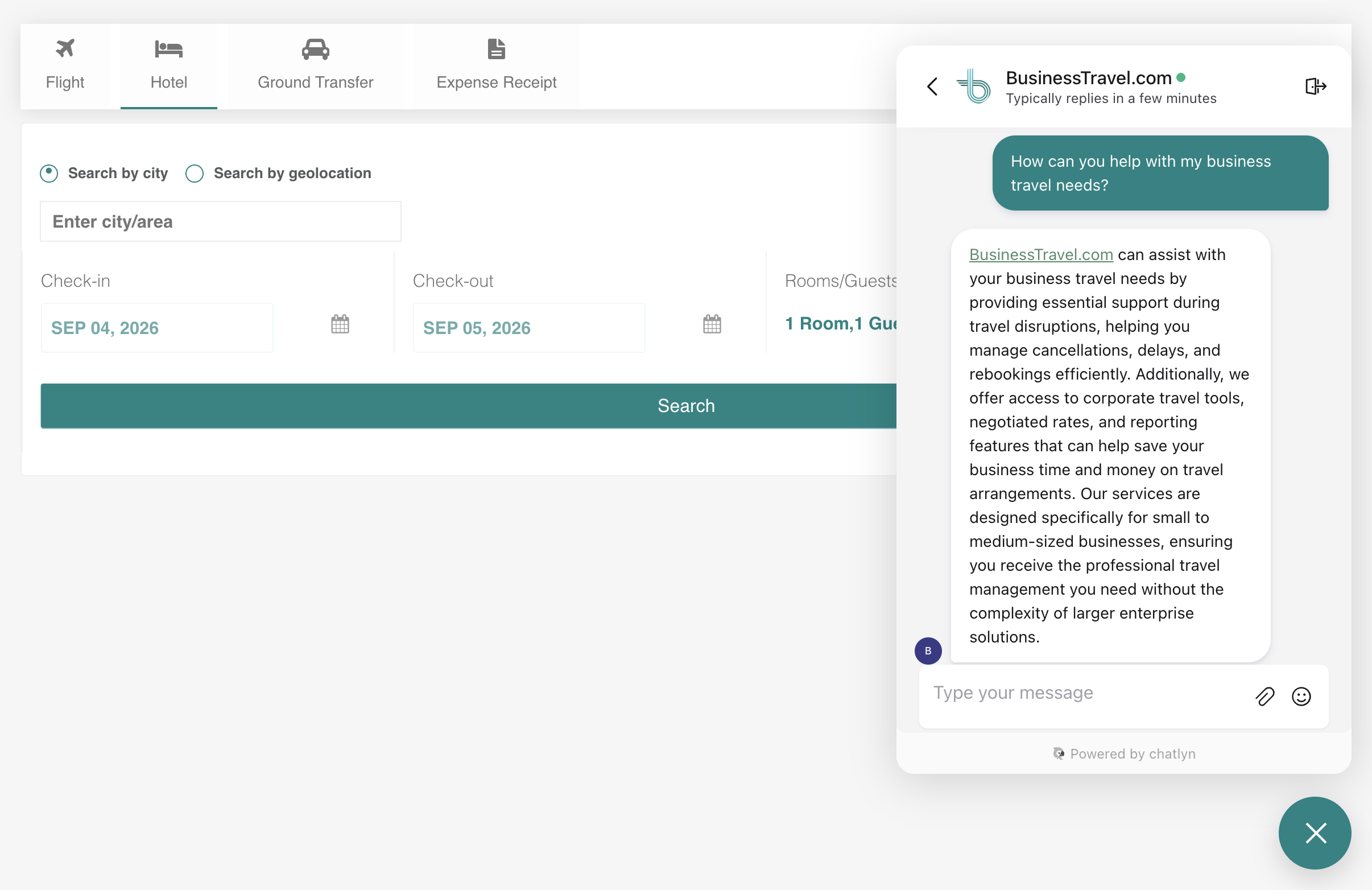 Screenshot of a hotel search form beside a BusinessTravel.com chat widget explaining its support for travel disruptions, corporate tools, and negotiated rates.