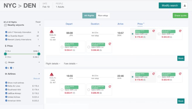 A screenshot of flight search results in Businesstravel.com