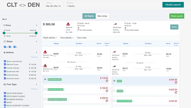 A screenshot of flight search results