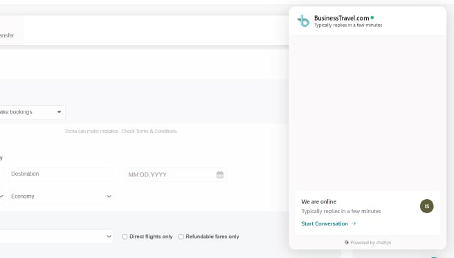 A screenshot of the chat support in Businesstravel.com