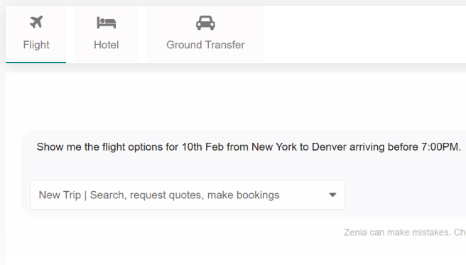 A screenshot of the booking engine in Businesstravel.com