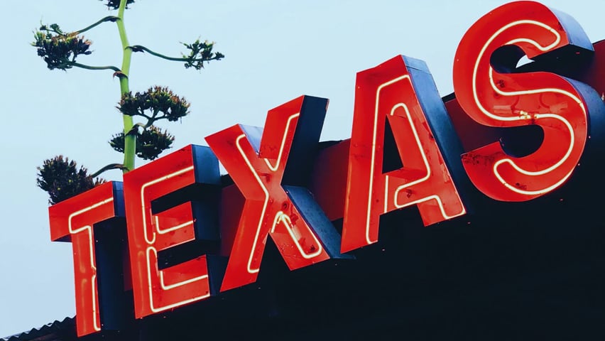 Large red neon "TEXAS" sign against a blue sky with trees visible.
